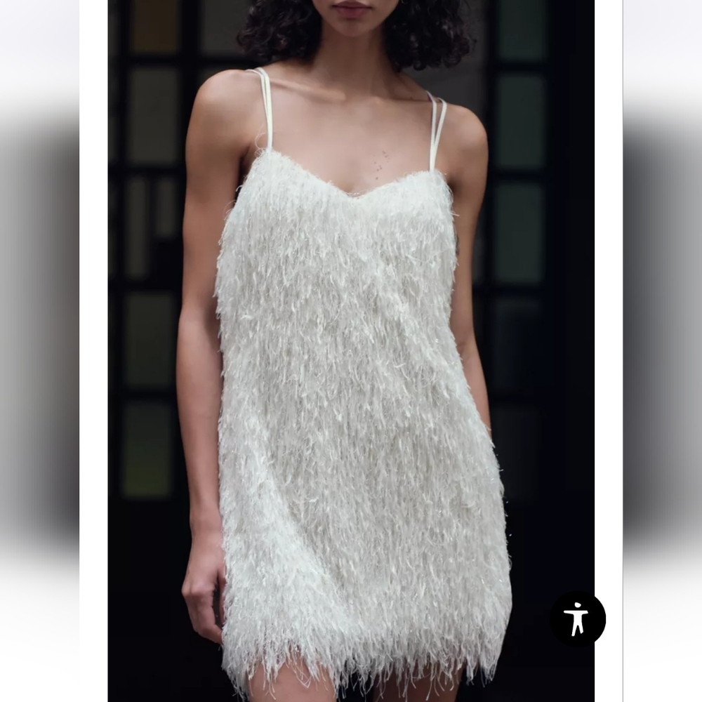 NWT ZARA WHITE FRINGED MINI DRESS WITH METALLIC THREAD